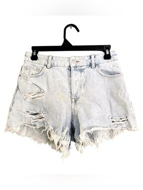 Zara Light Blue Distressed High-Rise Denim Shorts